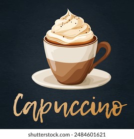 Cappuccino Vector Illustration Isolated on a black chalkboard. A cup of cappuccino topped with whipped cream. A dollop of whipped cream rests on top, adding a touch of sweetness to the image.