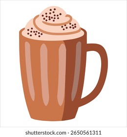 Cappuccino vector illustration isolated on white background, featuring a cup topped with whipped cream. Perfect for coffee shop menus and beverage themed designs.