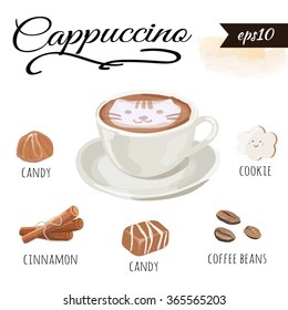 Cappuccino vector set. A cup of coffee, cute cookie, candy, coffee beans and cinnamon sticks. Vector illustration eps 10.