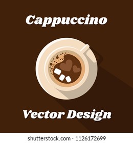 Cappuccino in white Cup with heart, Vector illustration top view.