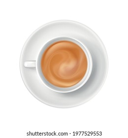 Cappuccino in white cup on saucer top view realistic vector illustration