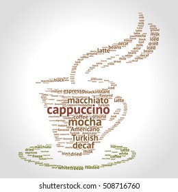 Cappuccino word cloud concept in shape of cup on gradient background. Vector illustration.