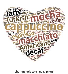 Cappuccino word cloud concept in shape of heart on white background. Vector illustration.