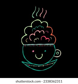 Cappuchino cup with foam. Cute coffee mug character smiling. Colorful Art isolated on black for your design