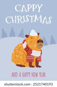 Cappy Christmas and happy New Year vector greeting card with funny capybara wearing scarf chilling under snowfall illustration.