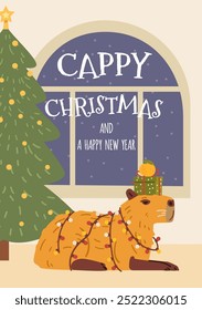 Cappy Christmas and happy New Year vector greeting card with funny capybara wrapped in garland illustration.