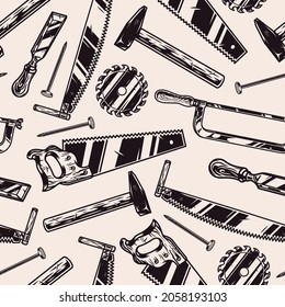 Caprenter tools vintage seamless pattern in monochrome style with chisel hammer handsaws hacksaw metal nail and saw blade vector illustration