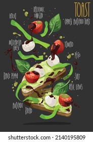 Caprese avocado toast. Vector illustration