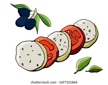 Caprese. Italian cuisine. Cartoon style. Stock Illustration. White background, isolate.
