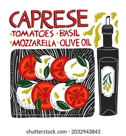 Caprese recipe design. Vector cookbook illlustrations. Homemade Italian salad recipe. Kids cooking template. Hand made antipasto banner cute style