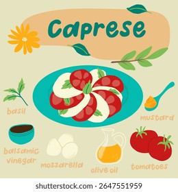 Salada caprese, manjericão, em placa azul. Recibo com ingredientes. Conceito alimentar vegetariano mediterrâneo saudável. Ilustração desenhada à mão vetorial