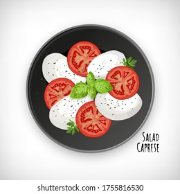 Caprese salad, basil, oregano spice on black plate. Lettering Caprese Salad. Top view. Healthy vegetarian mediterranean food concept. Vector hand drawn illustration on white background.