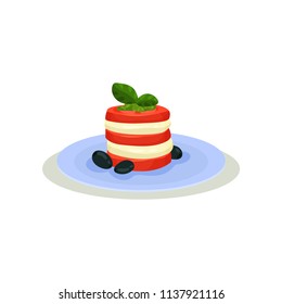 Caprese salad in blue ceramic plate. Traditional Italian snack made of sliced mozzarella cheese, tomatoes, basil leaves and olives. Flat vector icon