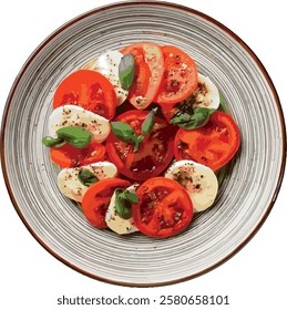 Caprese salad is a classic Italian dish made with fresh tomatoes, mozzarella cheese, and basil leaves, seasoned with olive oil, salt, and black pepper, often served as an appetizer or side dish.