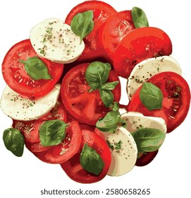 Caprese salad is a classic Italian dish made with fresh tomatoes, mozzarella cheese and basil leaves, seasoned with olive oil, salt and black pepper, often served as an appetizer or side dish.