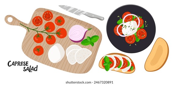 Caprese Salad. Cooking dish with Tomato, Mozzarella, Basil, onion Salad. Slicing ingredients on cutting board. Dish on Plate, top view. Design for menu cafe, cooking class, recipe, cookbook