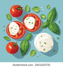 Kapselsalat handgezeichnet Cartoon Vektorgrafik. Tomaten, Basilikum und Mozzarella 