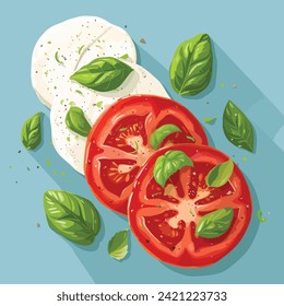 Kapselsalat handgezeichnet Cartoon Vektorgrafik. Tomaten, Basilikum und Mozzarella 