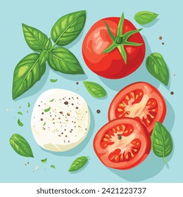 Caprese salad hand drawn cartoon vector illustration. Tomatoes, basil and mozzarella 