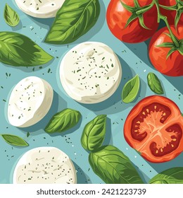 Caprese salad hand drawn cartoon vector illustration. Tomatoes, basil and mozzarella 