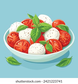 Caprese salad hand drawn cartoon vector illustration. Tomatoes, basil and mozzarella 