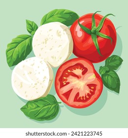 Caprese salad hand drawn cartoon vector illustration. Tomatoes, basil and mozzarella 