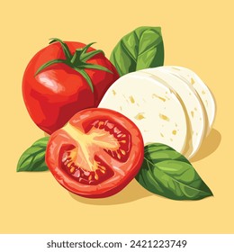 Dibujo caprista de caricatura en forma de vectores. Tomates, albahaca y mozzarella 