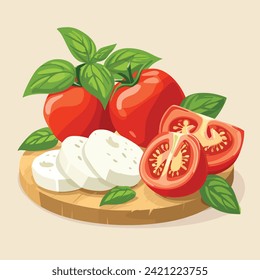 Caprese salad hand drawn cartoon vector illustration. Tomatoes, basil and mozzarella 