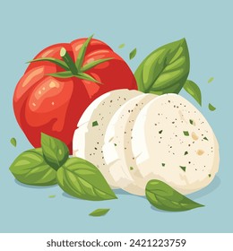 Caprese salad hand drawn cartoon vector illustration. Tomatoes, basil and mozzarella 