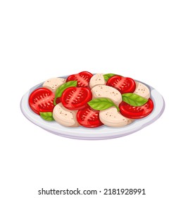 Caprese salad, Italian food vector illustration. Cartoon glass plate with slices of fresh mozzarella cheese, tomatoes, green basil and olive oil seasoning, isolated gourmet salad dish from Italy