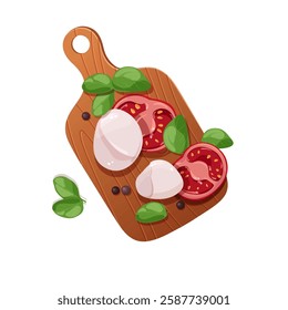 Caprese salad with mozzarella cheese, ripe sliced tomatoes, and basil leaves on a wooden board. Italian food. Vector Illustration
