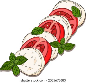 Caprese salad. Mozzarella cheese, tomatoes, olives, capers, basil. Healthy vegetarian mediterranean food concept. Vector hand drawn illustration on white background.