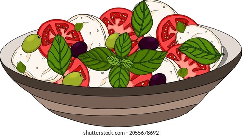 Caprese salad. Mozzarella cheese, tomatoes, olives, capers, basil. Healthy vegetarian mediterranean food concept. Vector hand drawn illustration on white background.