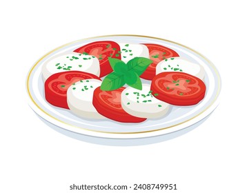 Caprese salad with mozzarella and tomato vector illustration. Caprese salad with mozzarella cheese, tomato and basil leaf icon on a white background. Classic Italian salad on a plate drawing