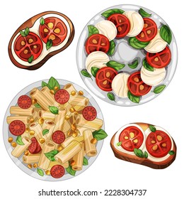 Caprese salad with mozzarella and tomatoes. A large dish with pasta and toast with mozzarella