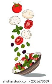 Caprese Salad Recipe. Mozzarella cheese, tomatoes, olives, capers, basil. Healthy vegetarian mediterranean food concept. Vector hand drawn illustration on white background.