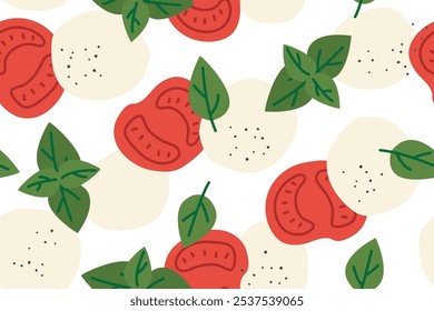 Ensalada Caprese Patrón sin fisuras: tomates, queso mozzarella y hojas de albahaca - Ilustración vectorial