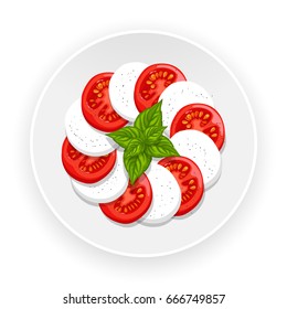 Caprese salad with slices of tomatoes and mozzarella and basil on the top. Italian traditional cuisine. Top view vector illustration isolated on white