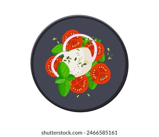 Ensalada Caprese. Tomate, Mozzarella Fresca, Receta De Ensalada De Albahaca Verde. Plato en plato, vista superior. Deliciosa Ensalada Caprese aislada sobre fondo blanco. Diseño para el café del menú, clase de cocina, receta, libro de cocina