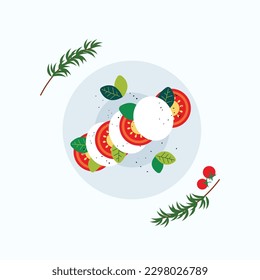 Caprese salad with tomatoes, fresh basil leaves and mozzarella cheese. Caprese salad top view. Flat design vector stock illustration. 