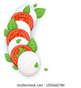 Caprese salad vector background with copy space - mozzarella, tomato and basil leaves. Italian food illustration.