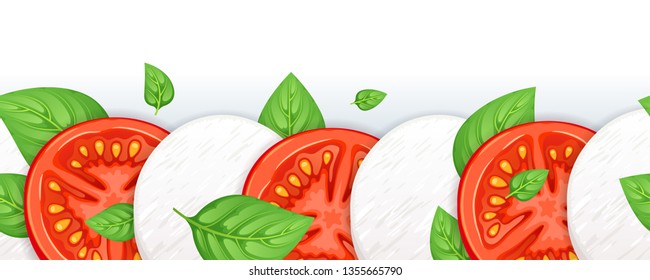 Caprese salad vector background - mozzarella, tomato and basil leaves. Italian food illustration. Seamless border.