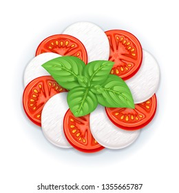 Caprese salad vector - mozzarella, tomato and basil leaves. Italian food illustration.