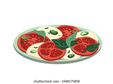 Caprese salad,Mozzarella Cheese,sliced tomatoes,basil,oregano spice isolated on white background. Healthy vegetarian mediterranean food.Vector illustration for postcard,banner,poster, web design, menu