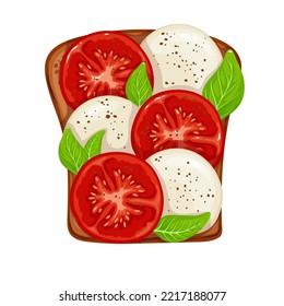 Caprese sandwich. Tomato and heese toast vector illustration. Cartoon isolated breakfast food, slice of bread mozzarella cheese with basil and tomato, top view of sandwich