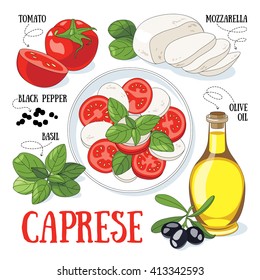 Caprese, traditional italian salad and its ingredients. Mediterranean cuisine. 