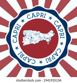 Capri Badge. Round logo of island with triangular mesh map and radial rays. EPS10 Vector.