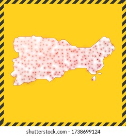 Capri closed - virus danger sign. Lock down island icon. Black striped border around map with virus spread concept. Vector illustration.