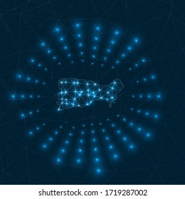 Capri digital map with glowing rays radiating from the island. Network connections and telecommunication design. Vector illustration.