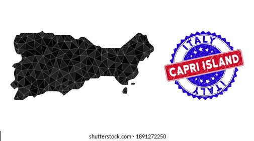 Capri Island map polygonal mesh with filled triangles, and scratched bicolor stamp imitation. Triangle mosaic Capri Island map with triangular vector model, triangles have randomized sizes,